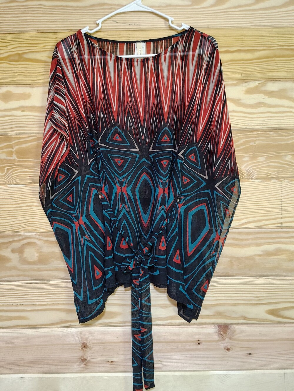 Tyche Black Teal Red Geometric Tie-Front Blouse